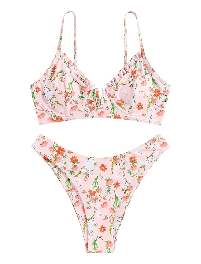 ZAFUL Women's Underwire Bikini Floral High Cut Bikini Set V-Wired Two Piece Swimsuit Bathing Suit | Amazon (US)