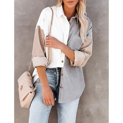 Womens Corduroy Shirt Long Sleeve Oversized Button Up V Neck Blouses Tops Loose Shacket Jacket | Target