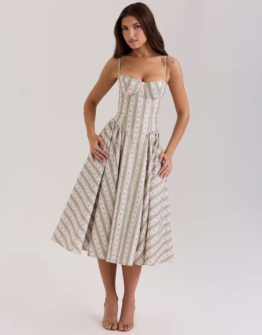 House of CB Samaria print cotton midi dress in sage striped floral-Green | ASOS (Global)