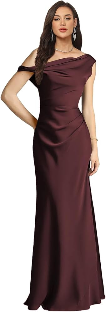 Sleeveless Bridesmaid Dresses Satin Mermaid Prom Dress Elegant One Shoulder Pleated Long Wedding ... | Amazon (US)