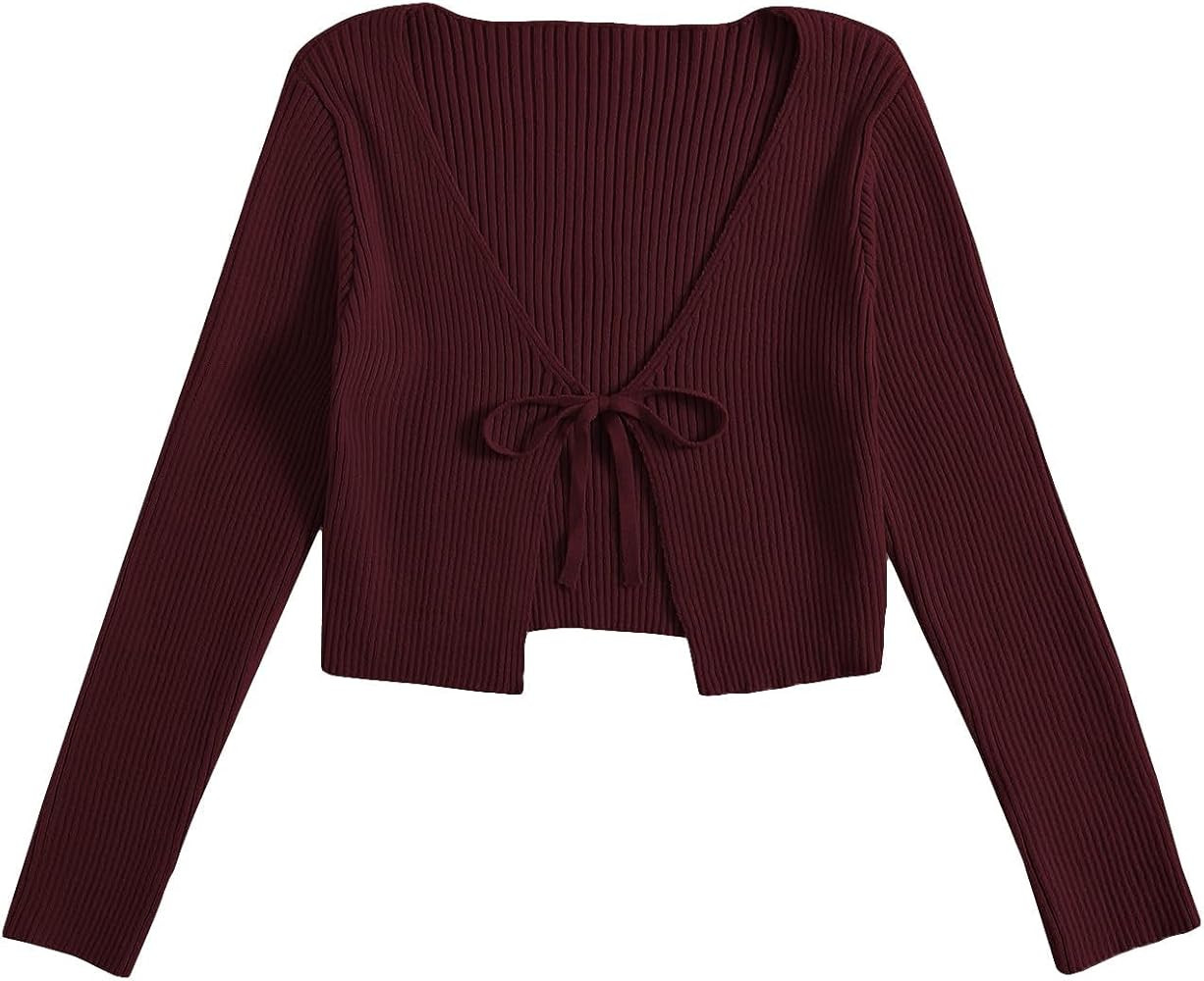 Floerns Women's Tie Front Long Sleeve Rib Knit Shrug Sweaters Cardigan Crop Top | Amazon (US)