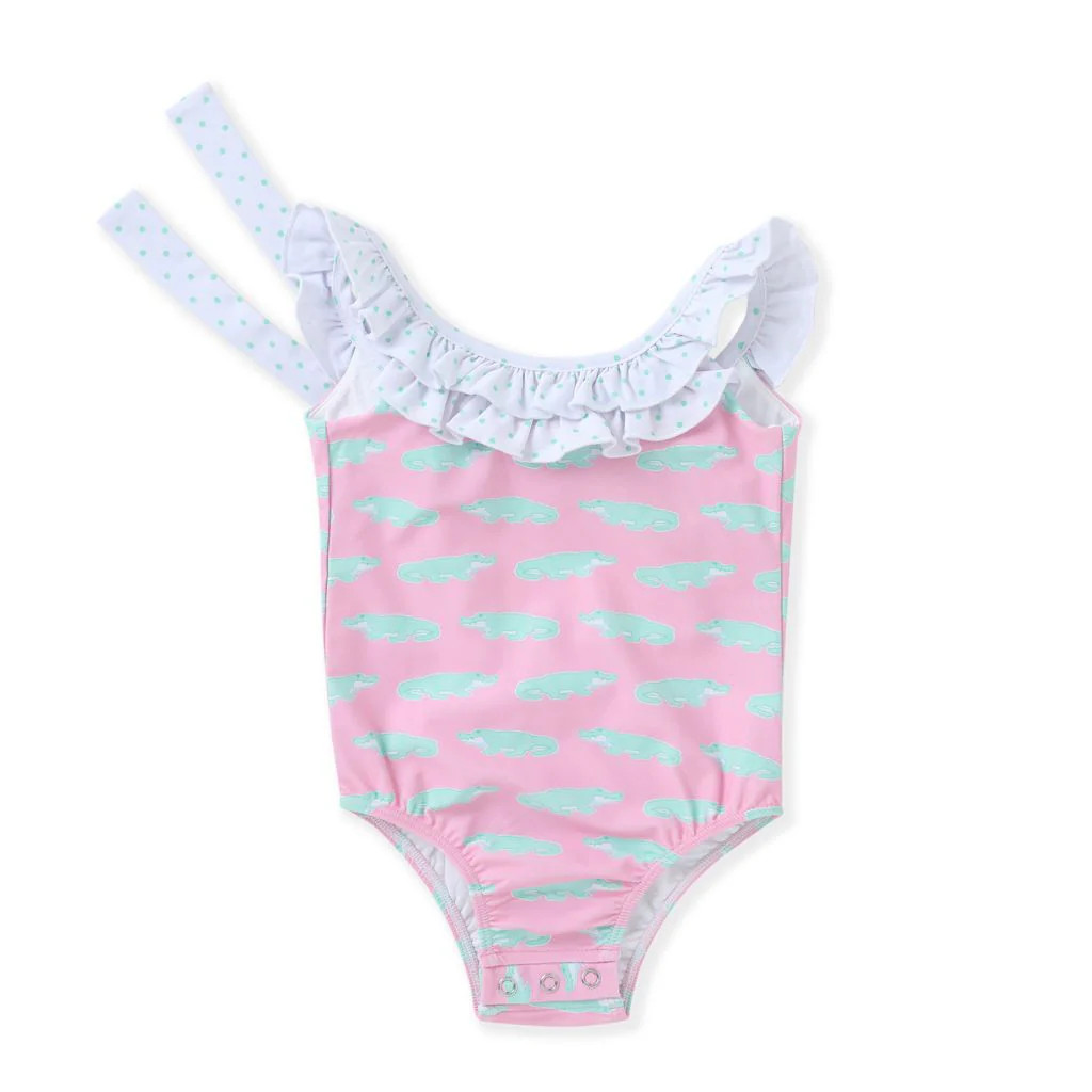 Swoon Pink Gator and polka Dot Ruffle Swimsuit | Persnickety