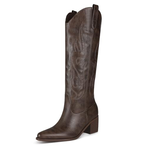 Wetviro Brown Knee High Cowboy Boots for Women - Embroidered, Chunky Heel, Pointed Toe, Western Country Boots | Amazon (US)
