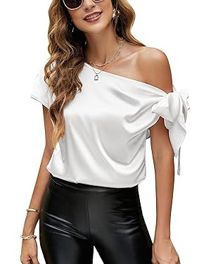 VIDUSSA - Blusa de seda con hombros descubiertos, para mujer, informal, manga corta, cuello asim... | Amazon (US)