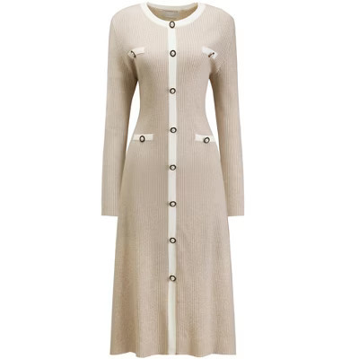 INSPIRE CHIC Women's Knit Long Sleeve Contrast Color Midi Sweater Dress Beige Medium | Target