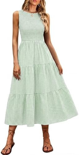 ANRABESS Women's Summer Casual Maxi Dress Sleeveless Crewneck Smocked 2026 Flowy Plaid Tiered Boh... | Amazon (US)