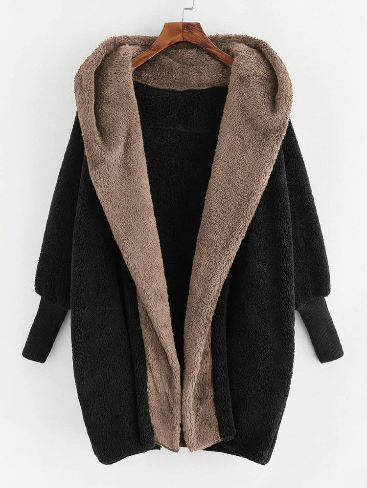 Open Front Fuzzy Hooded Teddy Coat | SHEIN