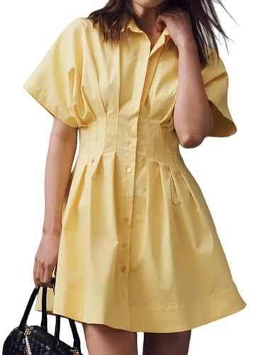 Women Button Down Pleated Shirt Dress Summer Short Sleeve Blouse Striped Print Corset Mini Dresse... | Amazon (US)
