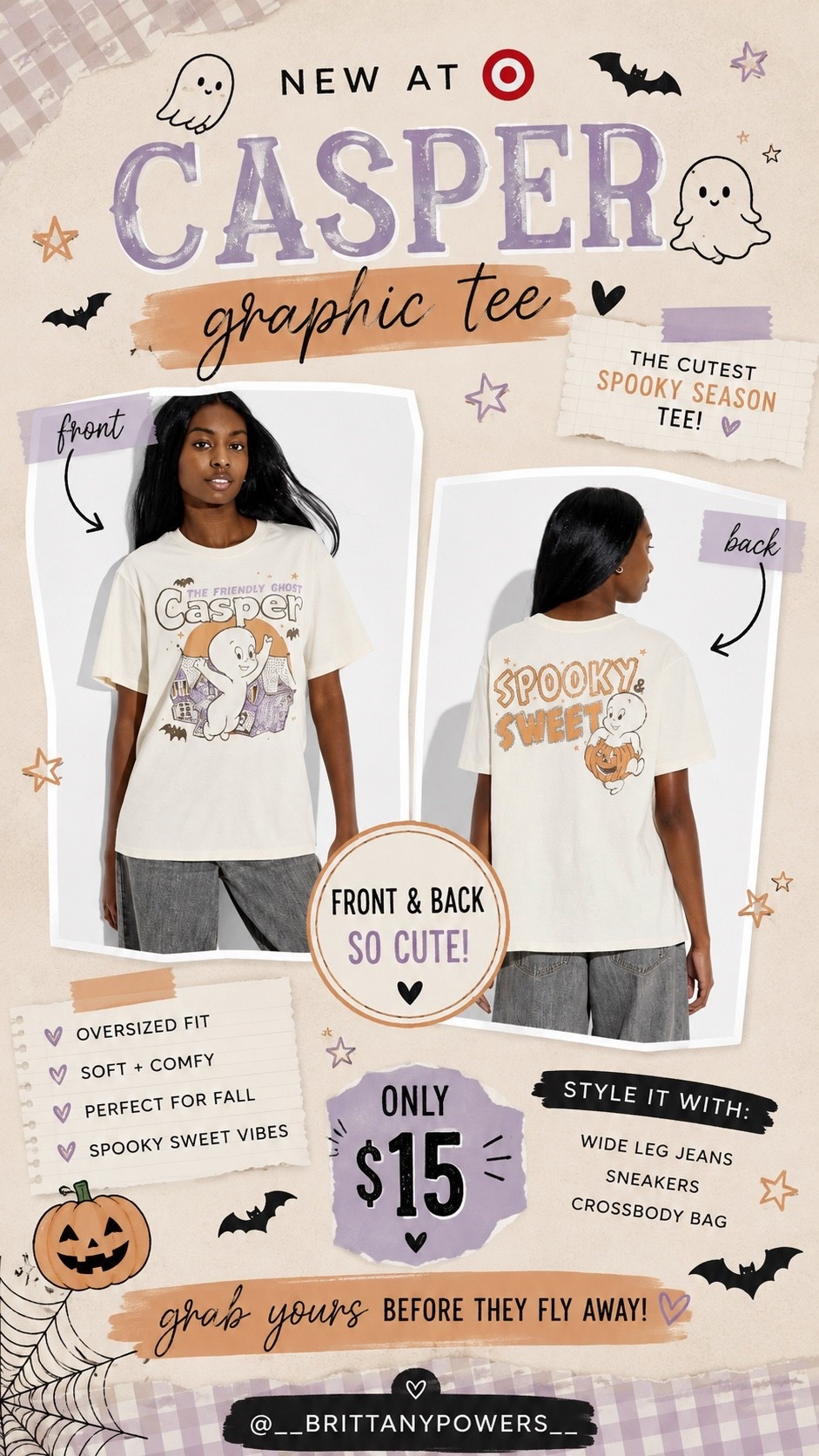 🍂👻 If you’re already thinking about fall, this Casper tee from Target is too cute to pass up! I love that it has a graphic on the front AND back—the “Spooky Sweet” design is the sweetest touch. It’s oversized, easy to style, and only $15!

Perfect with jeans, leggings, or biker shorts for all the fall vibes. 🧡🖤✨

#LTKootd #LTKSeasonal #LTKSaleAlert