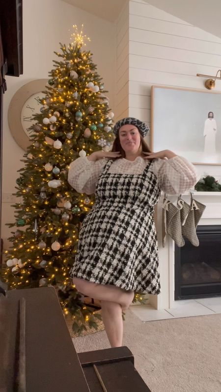 Plus size holiday fashion, tweed black and white dress with sheer houndstooth top and big puffy soft coat 

#LTKcurves #LTKHoliday #LTKSeasonal