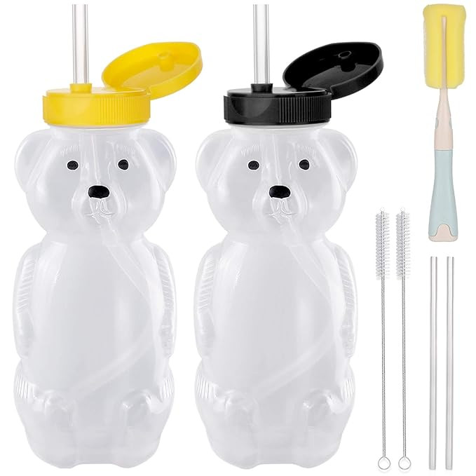2 Pack Honey Bear Straw Cups with 4 Flexible Straws & Cleaning Tools(2 Straw Brushes &1 Bottle Br... | Amazon (US)