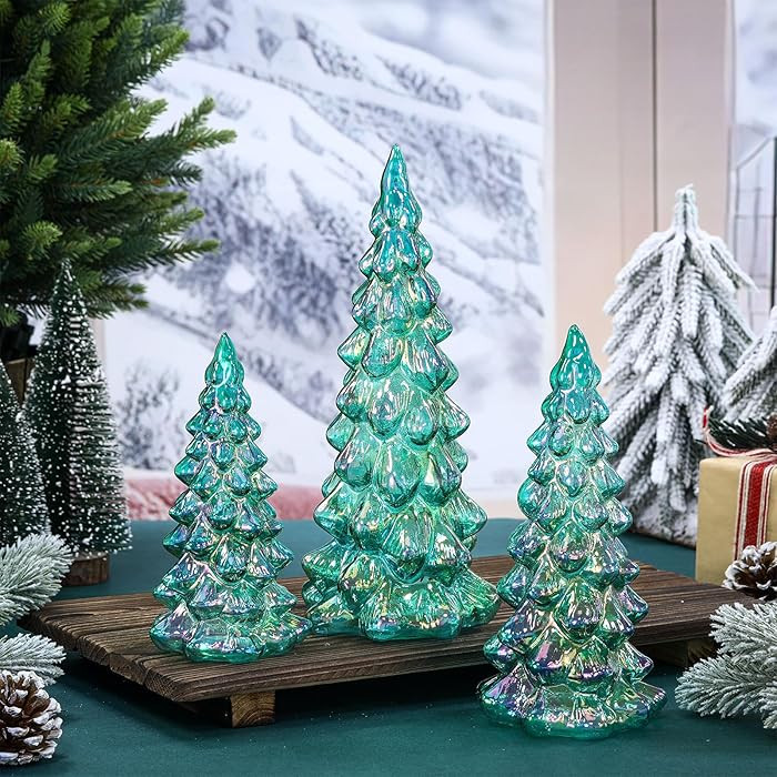 Honeydak 3 Pcs Green Glass Christmas Tree Set Crystal Glass Christmas Tree Table Decor for Xmas W... | Amazon (US)