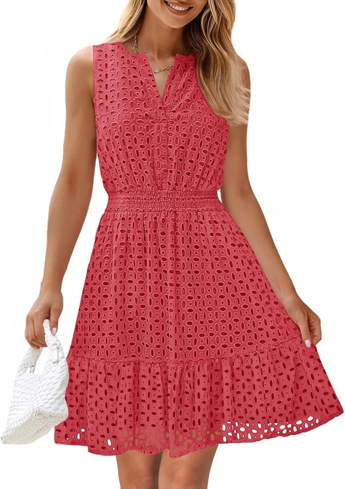 ZESICA Women's Summer Sleeveless Mini Dress V Neck Hollow Out Eyelet High Waist A Line Swing Shor... | Amazon (US)