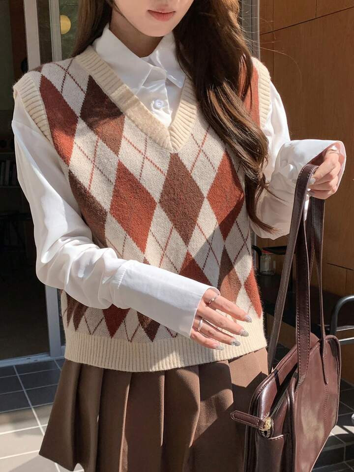 DAZY Women Autumn Color Blocking Plaid Knitted Sweater Vest | SHEIN