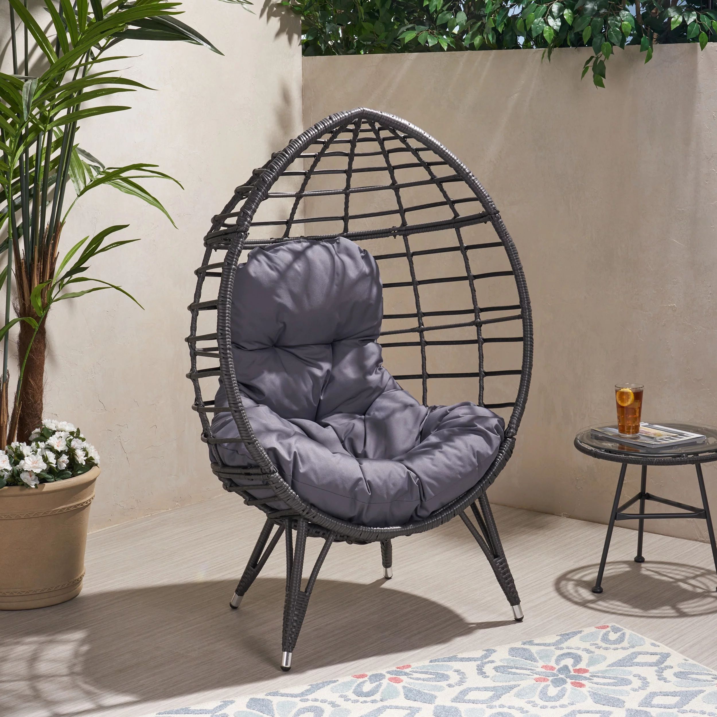 Kavani Outdoor Wicker Teardrop Chair with Cushion, Gray and Dark Gray | Walmart (US)