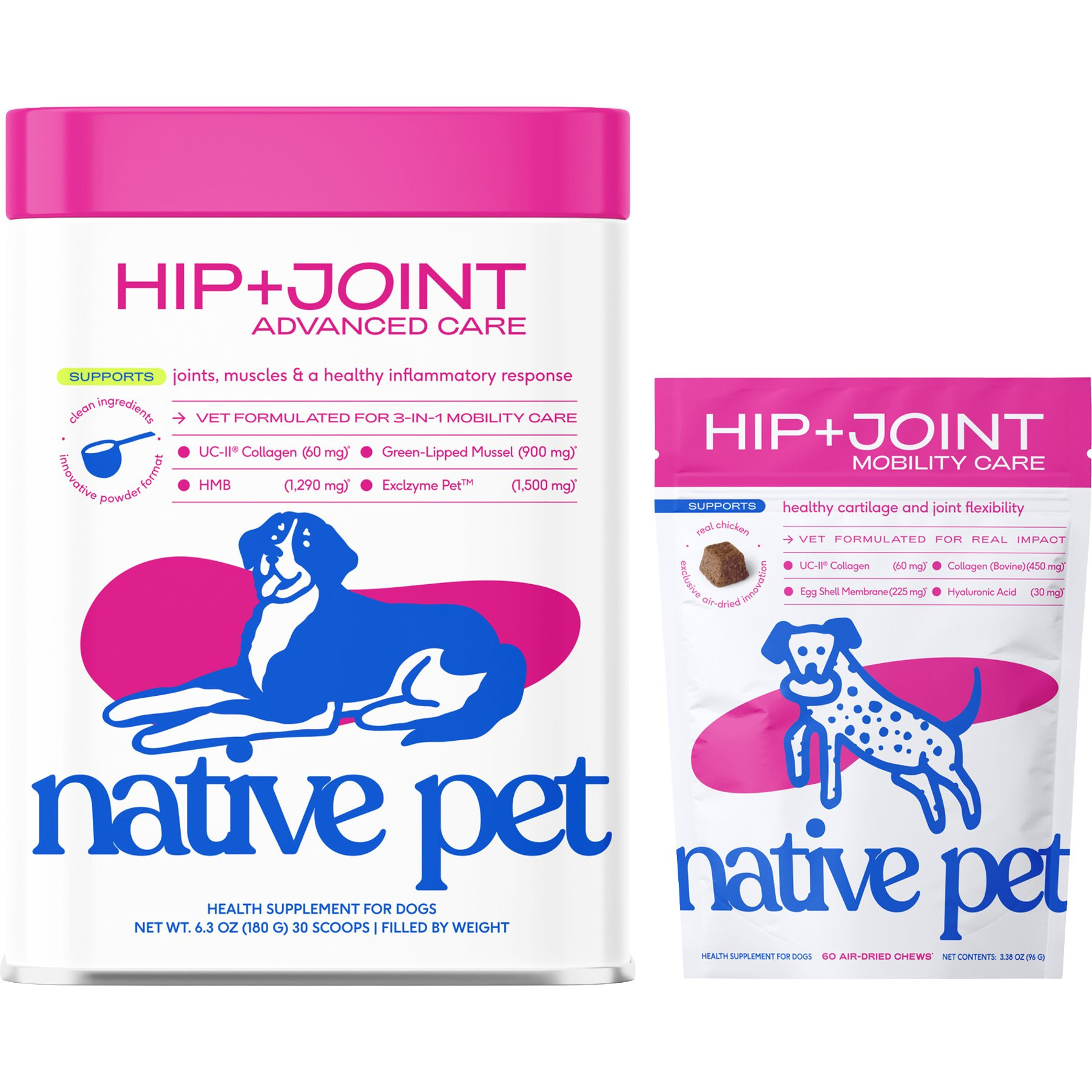 Native Pet Hip & Joint Bundle: Advanced Care Hip & Joint Powder + Mobility Care Chews for Dogs, 6.3-oz, 60 count | Chewy