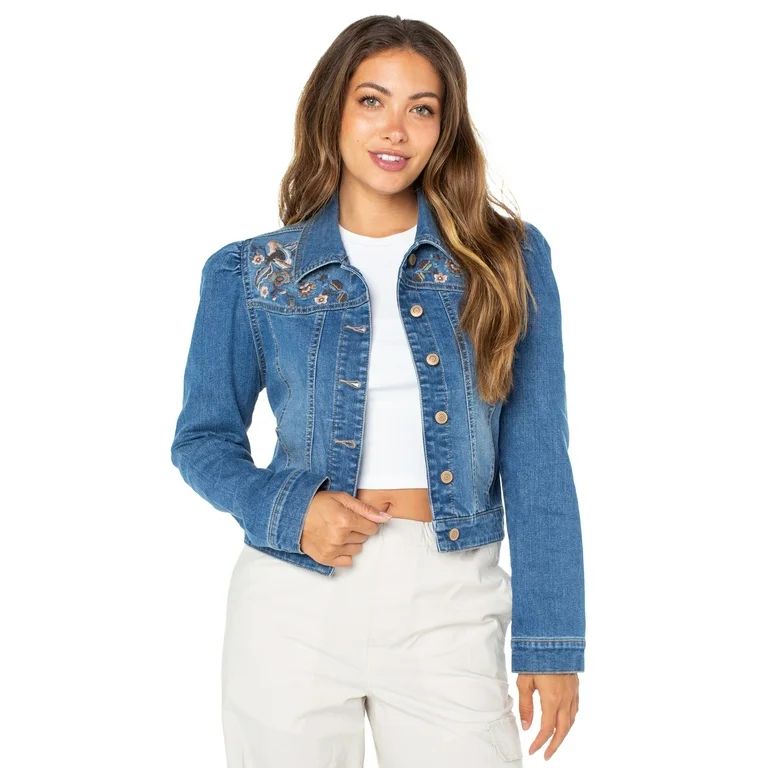 Celebrity Pink Juniors and Juniors Plus Embroidered Denim Jacket, Sizes XS-3X | Walmart (US)