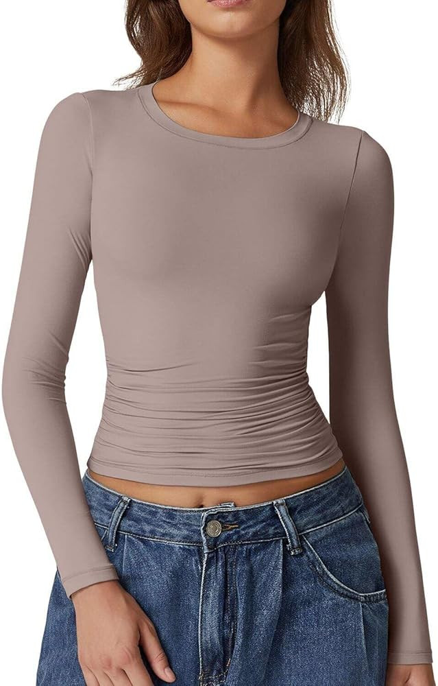 QINSEN Womens Crewneck Long Sleeve Shirt Double Lined Basic Tees Side Ruched Going Out Crop Tops | Amazon (US)