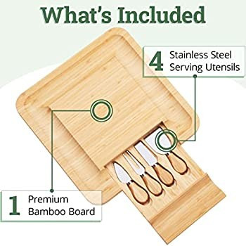 Bamboo Cheese Board Charcuterie Board Set With Cutlery - Slide-Out Drawer Includes 4 Stainless St... | Amazon (US)