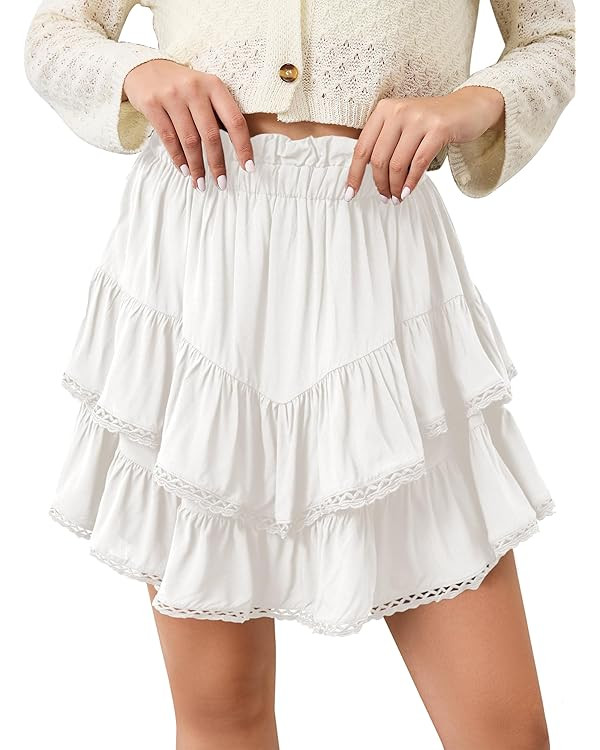 Women Flowy Boho Ruffle Mini Skirts Tiered Shorts High Waisted Pleated Golf Tennis Crochet Skorts... | Amazon (US)