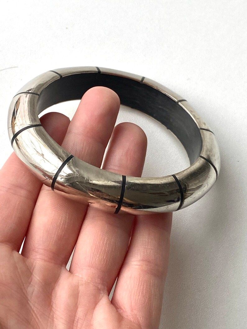 Vintage 1980s Silver Chrome & Black Statement Bangle | Etsy (US)