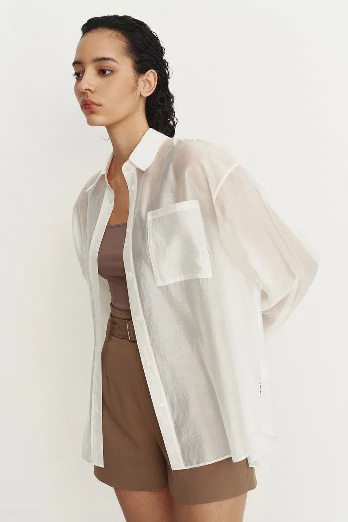 Bella White Sheer Button-Up Shirt in Organza | Fabrique