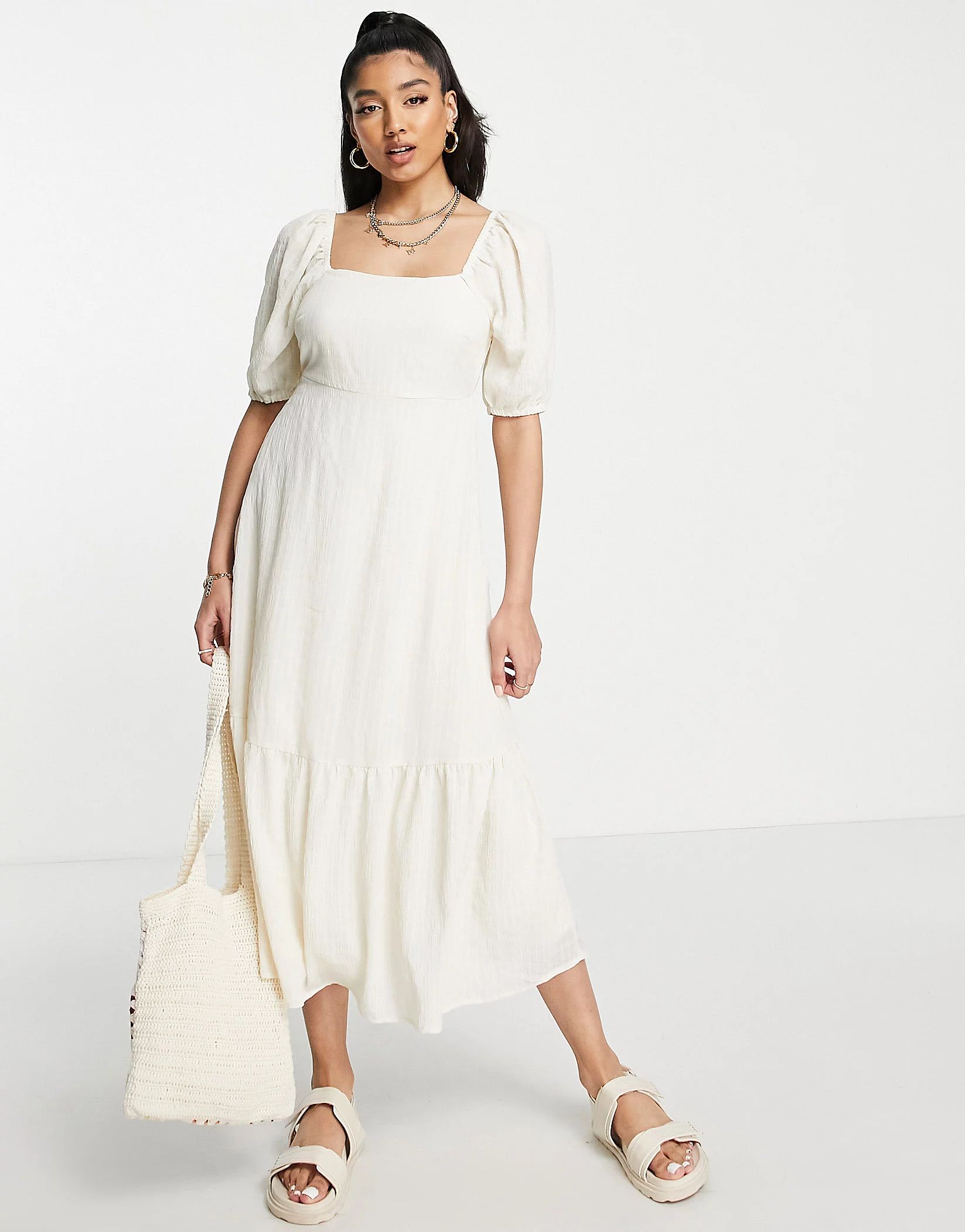 New Look square neck textured midi dress in white | ASOS (Global)