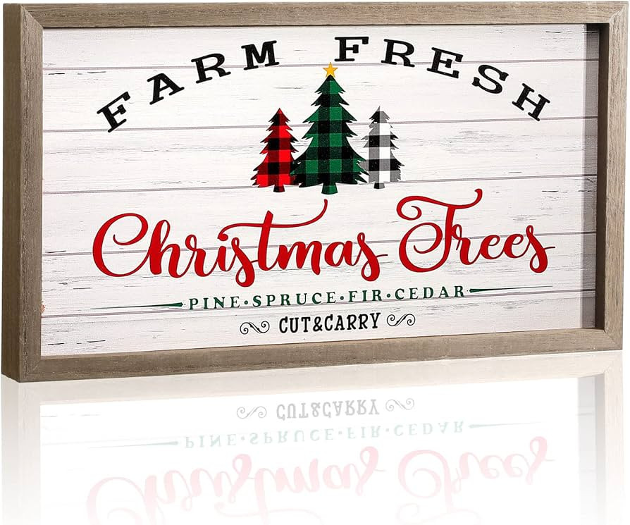 Christmas Signs Farm Fresh Christmas Trees Wood Sign Rustic Farmhouse Holiday Decor with Wooden F... | Amazon (US)