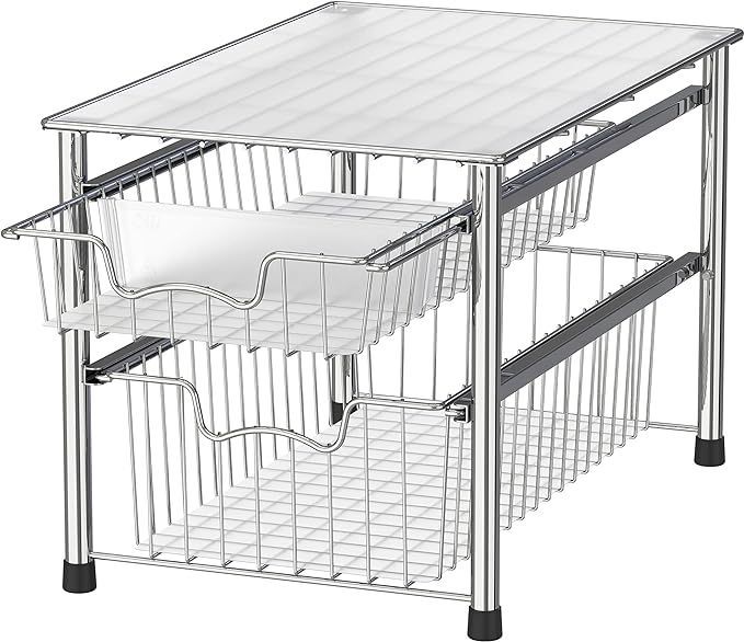 Simple Houseware Stackable 2 Tier Sliding Basket Organizer Drawer, Chrome | Amazon (US)