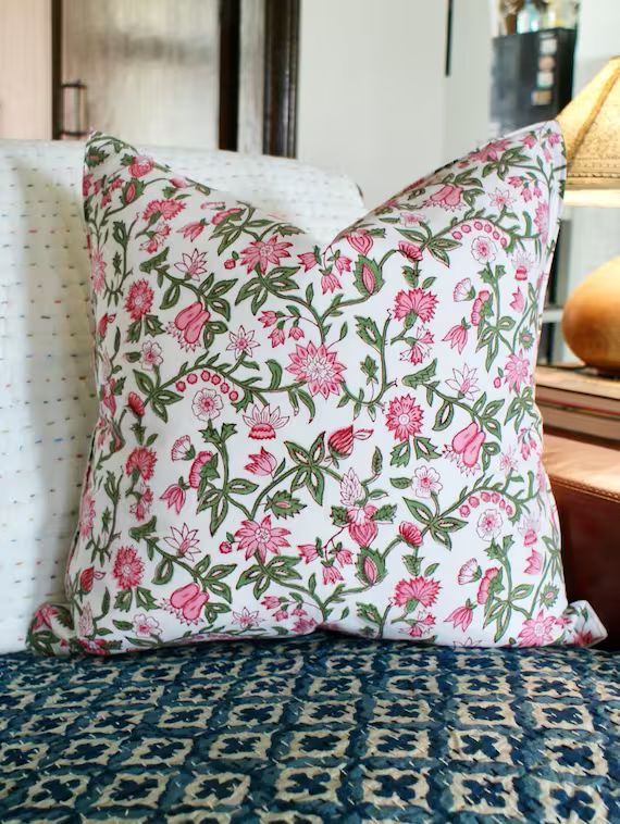 20x20  22x22 Green Pink Hand Block Print Flower Pillow Cover - Etsy | Etsy (US)