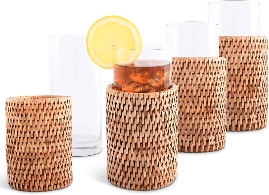 Vagabond House Natural, Removable Glass Water/Juice Glasses Set of 4, Handmade, Tall 6 Inches, Pe... | Amazon (US)