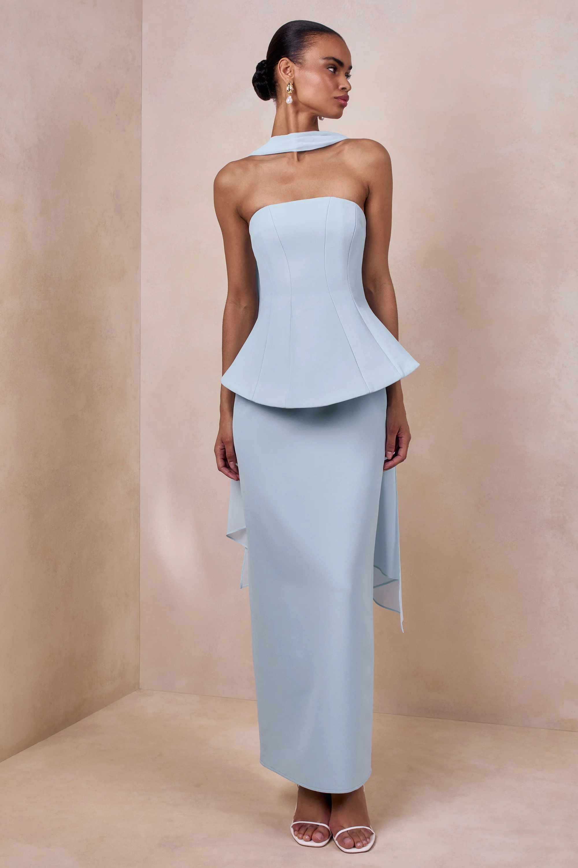 Farron | Powder Blue Bandeau Corset Maxi Dress | Club L London
