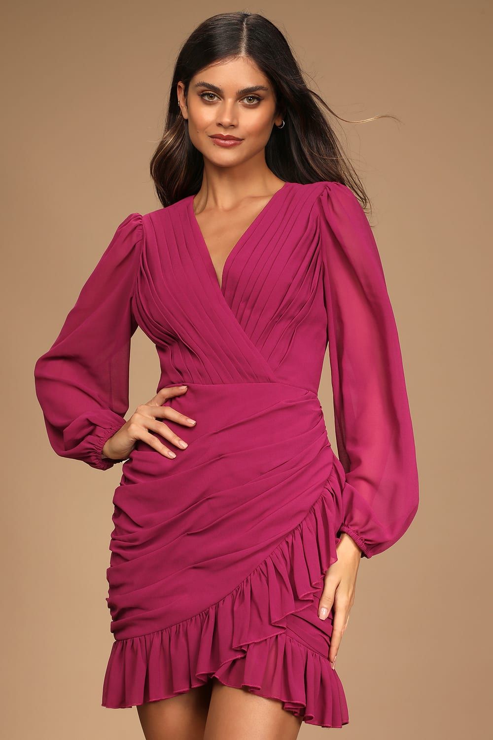 Feeling Frilly Magenta Ruffled Long Sleeve Mini Dress | Lulus (US)