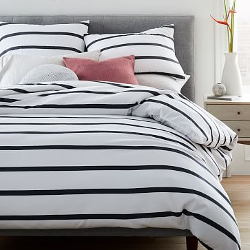 Organic Washed Cotton Percale Bold Stripe Duvet Cover & Shams - Black/Stone White | West Elm (US)