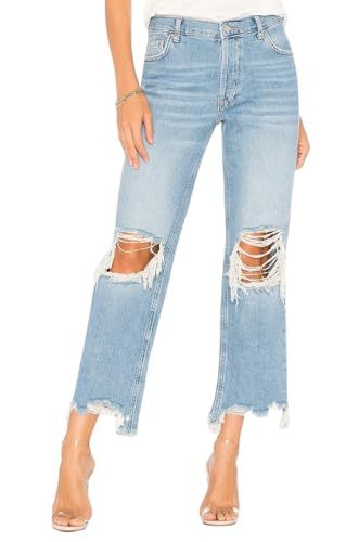 LifeShe Women's Ripped Jeans Casual Mid Rise Straight Leg Denim Pants Raw Hem Cropped Jeans | Amazon (US)