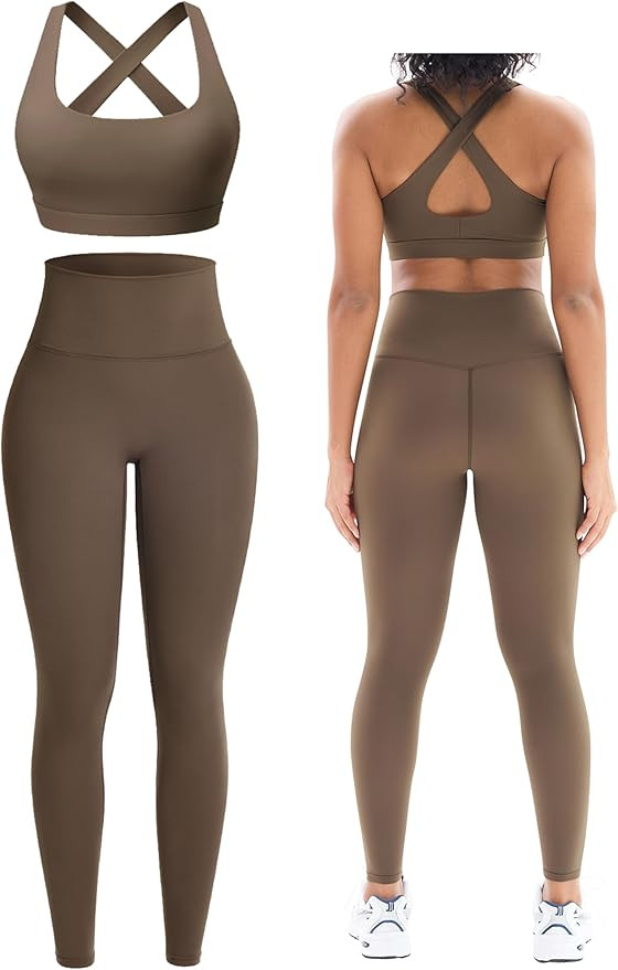 Workout Sets for Women 2 Piece Seamless High-Waisted Leggings & Cross Back Padded Sports Bra for ... | Amazon (US)