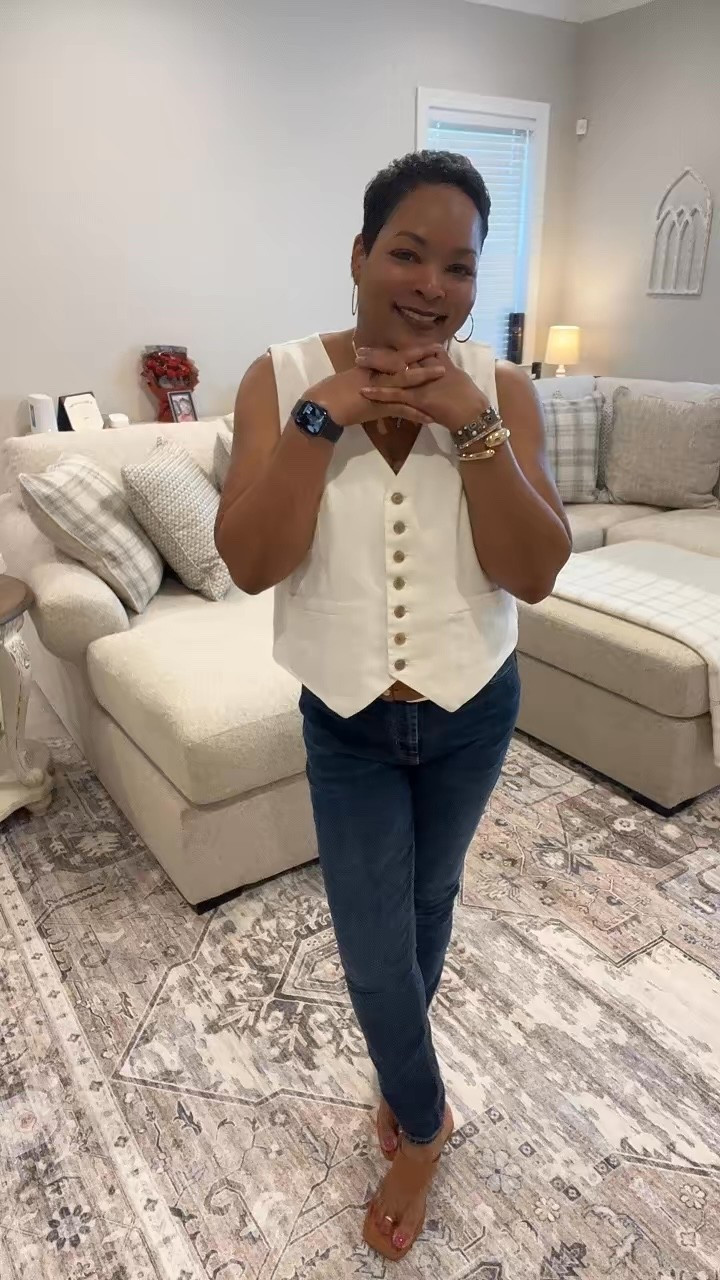 Scroll to shop! 
Everything from this look is linked below.

OOTD 🤍✨ Keeping it classic with a little edge! This crisp white vest + dark denim combo is giving effortless, polished, and confident. Add a few gold accessories, a cute heel, and the look is complete. 💫

# What I'm wearing:
*  Vest: Amazon on LTK
*  Jeans: Old Navy on LTK 
*  Shoes: DSW on LTK
*  Jewelry: Amazon on LTK

Download the FREE
LTK app & follow me (@Gracefully_Tawanda) to shop all my daily finds.

#CasualChic

#LTKootd #LTKOver40 #LTKPetite