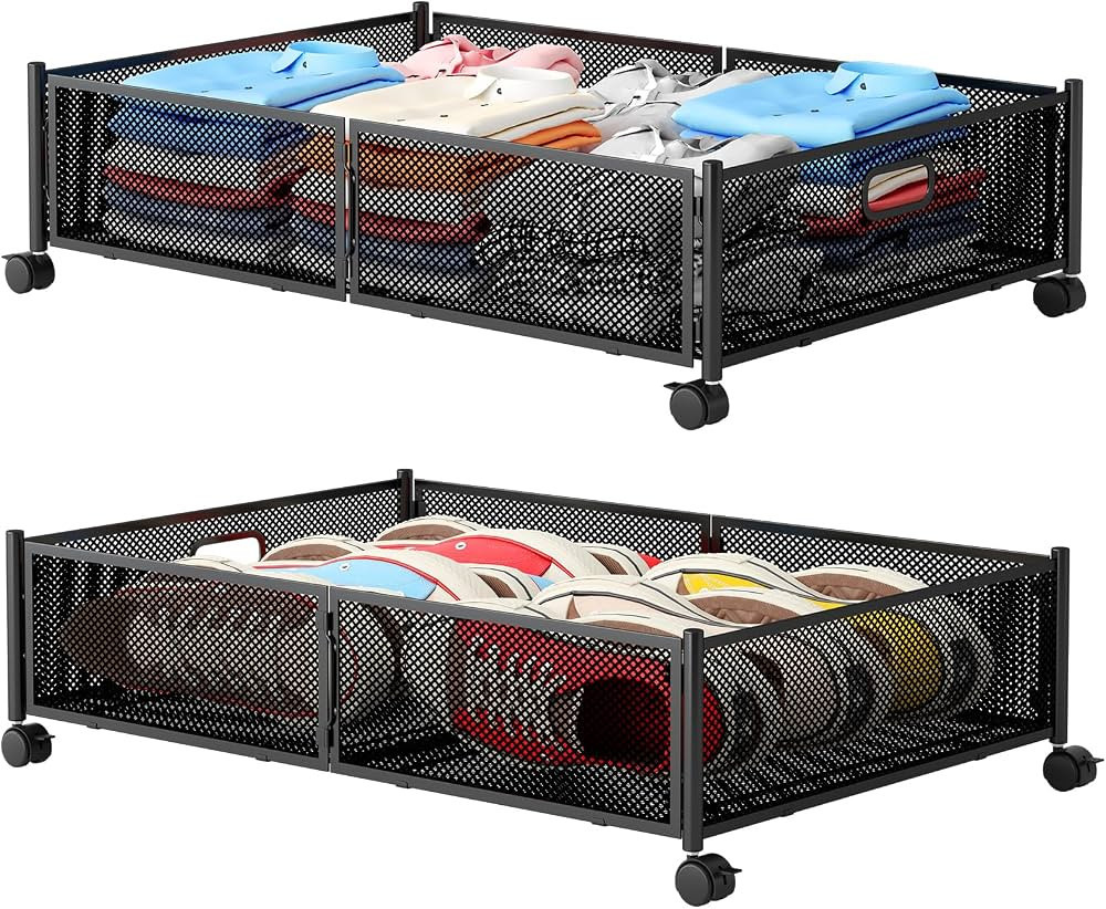 Under Bed Storage with Wheels, Foldable Metal Mesh Underbed Storage Container Bins, Tool-free Assembly Clothes Drawer Organizer,2Pack | Amazon (US)