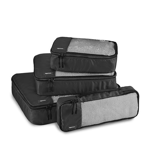 Amazon Basics Packing Cubes for Travel, Packing Organizers Set, 4-Piece-Set (Slim, Small, Medium, Large) With Double Zipper Pulls and Mesh Top Panel, 100% Durable Polyester, Black | Amazon (US)