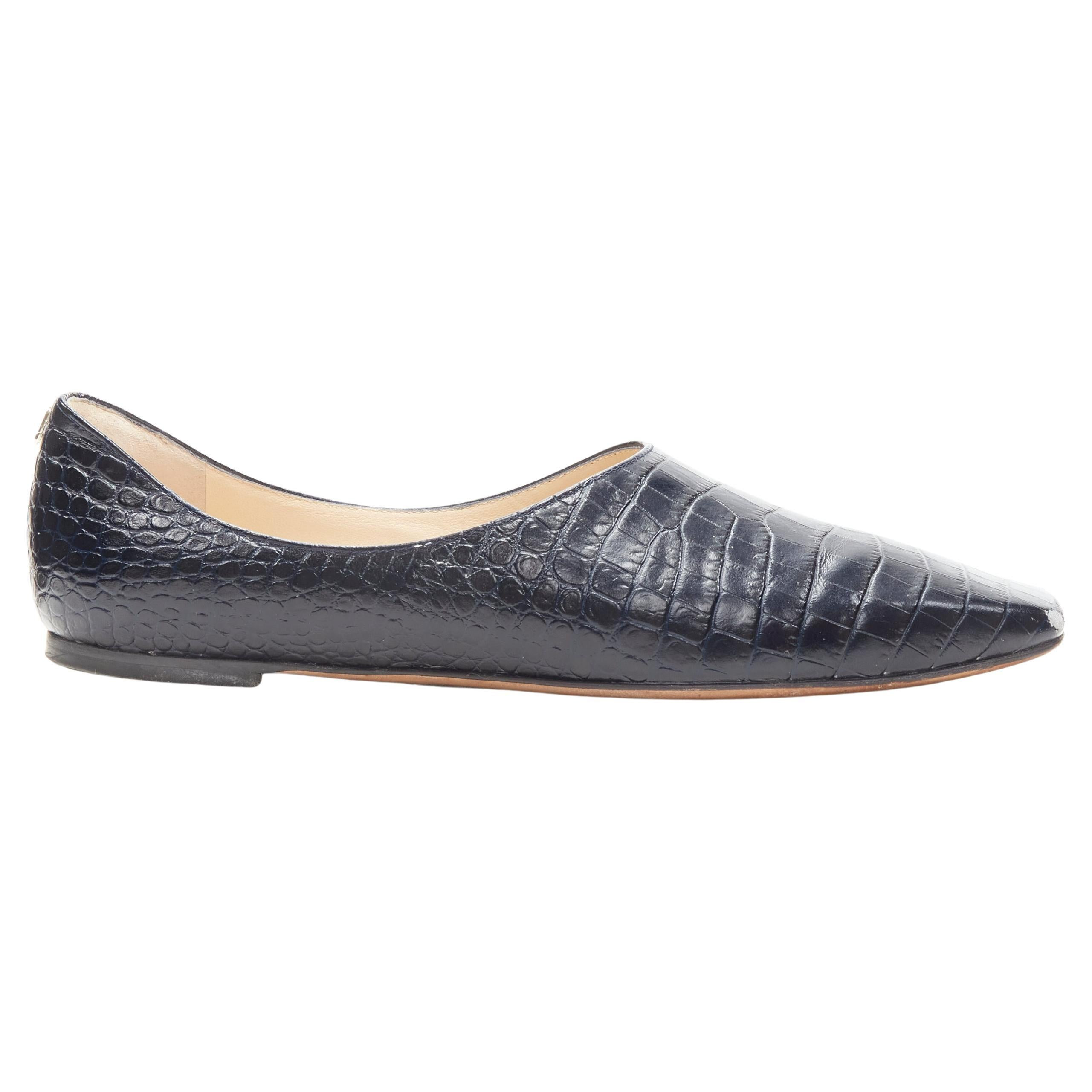 Jimmy Choo Black Navy Mock Croc Leather Square Toe Jc Charm Flats Eu38 | 1stDibs