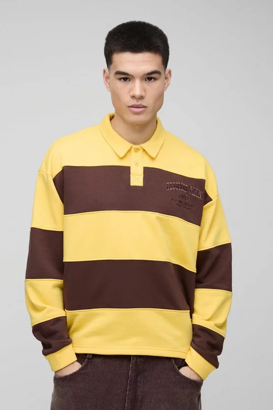 Oversized Boxy Stripe Embroidered Rugby Polo | boohooMAN (US & Canada)