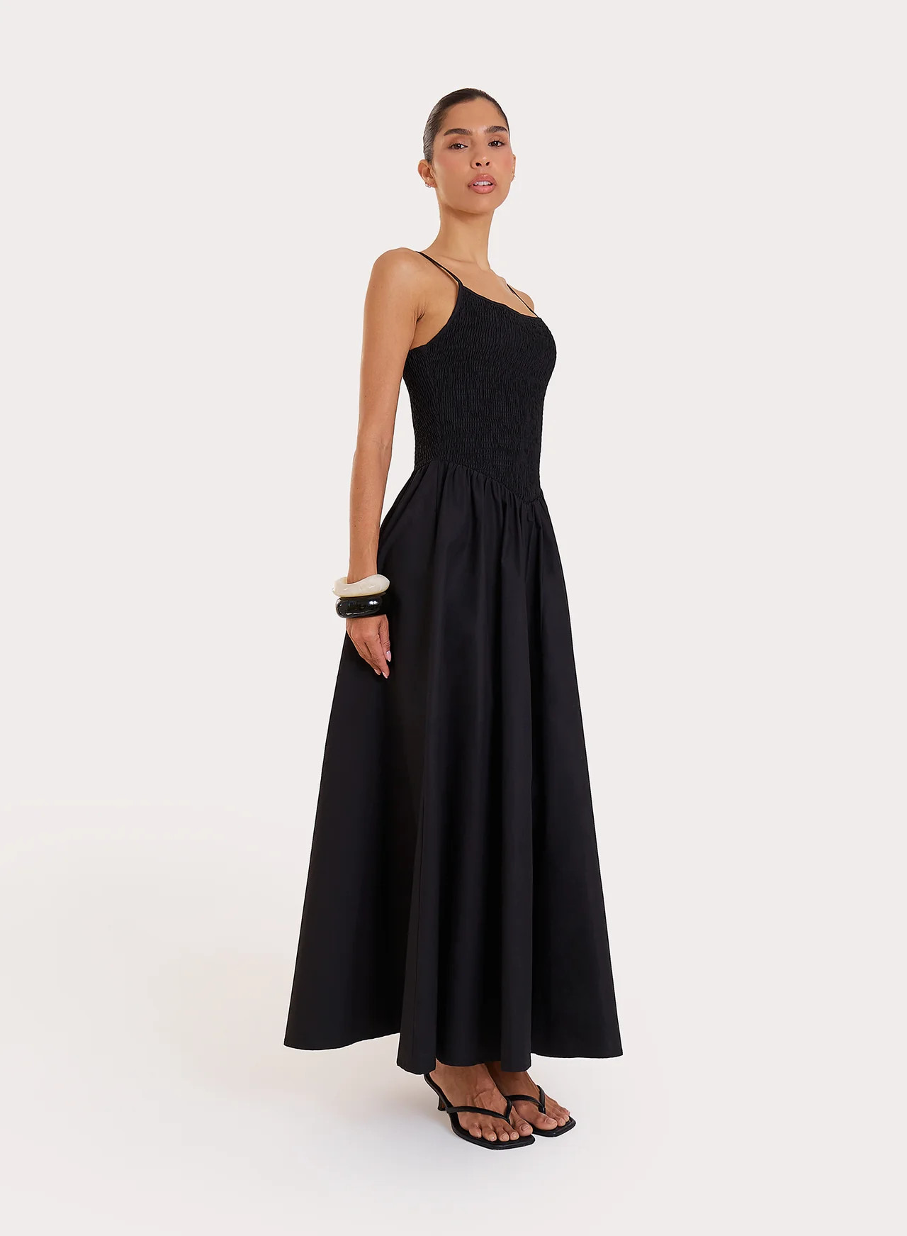 Women's Black Shirred Cotton Maxi Dress | Milano | 4th & Reckless | 4th & Reckless