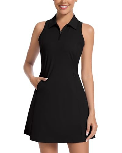 WOWENY Tennis Dress for Women Zip Up Golf Dresses with Built in Shorts and Pockets Sleeveless Athletic Workout Dress Black L | Amazon (US)