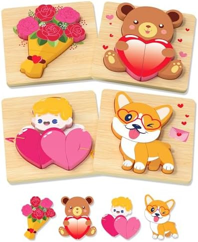Yetonamr Valentines Wooden Puzzles Gifts for Kids, 4 Pack Toddler Valentine Day Toys for Boys Gir... | Amazon (US)