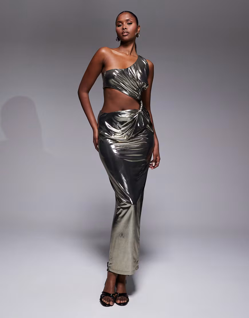 JLUXLABEL Joce stretch metallic one shoulder knot detail cut out maxi dress in gold | ASOS (Global)