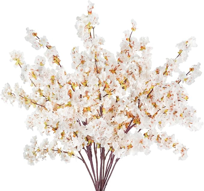 12 Pcs Artificial Cherry Blossom Flowers 40" Faux Silk Cherry Blossom Stems Fake Real Touch Peach... | Amazon (US)