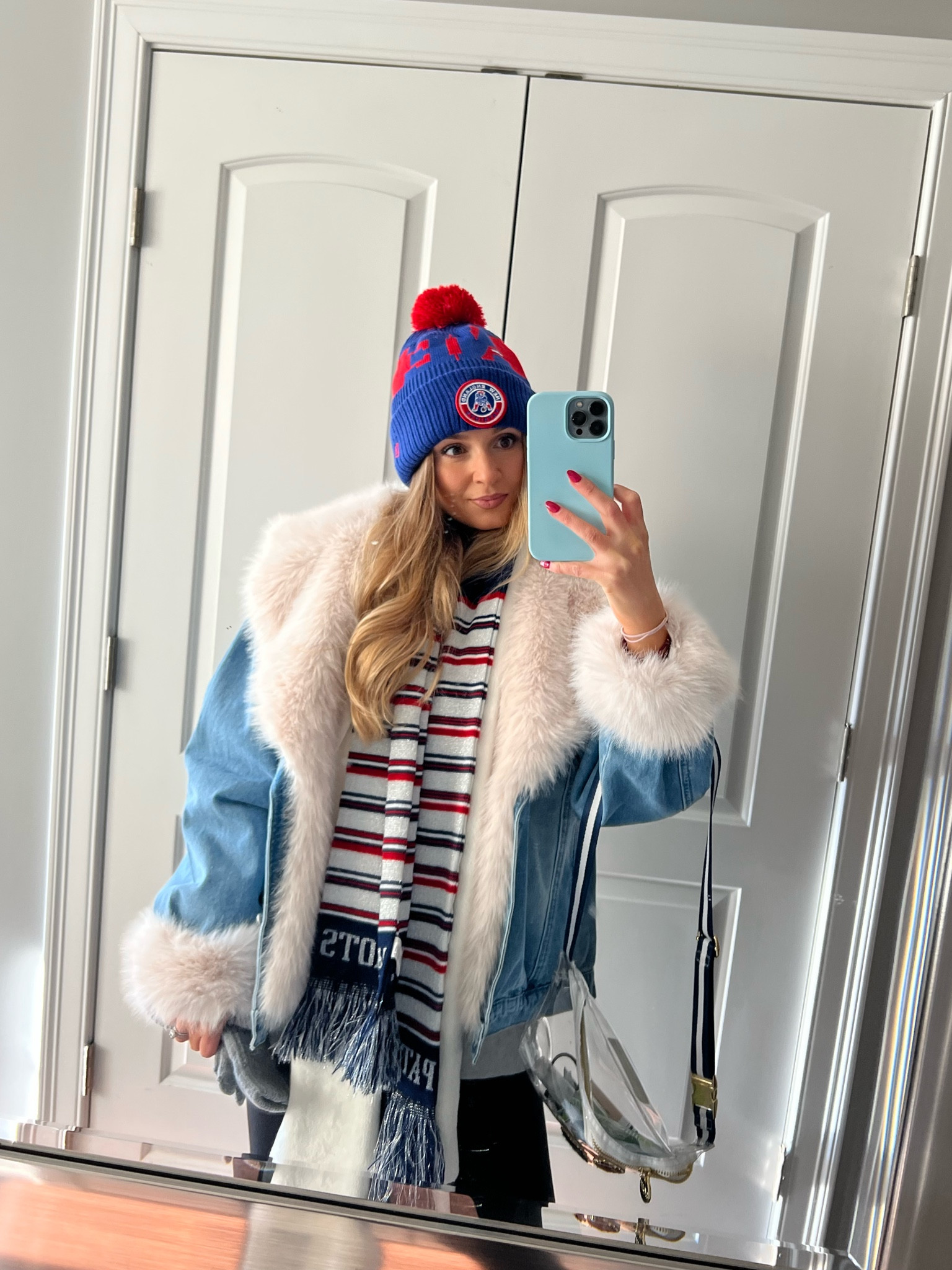 NFL game day outfit ❤️💙 patriots hat and scarf, fur denim jacket is from these three but linked similar styles 

#LTKunder100 #LTKSeasonal #LTKHoliday