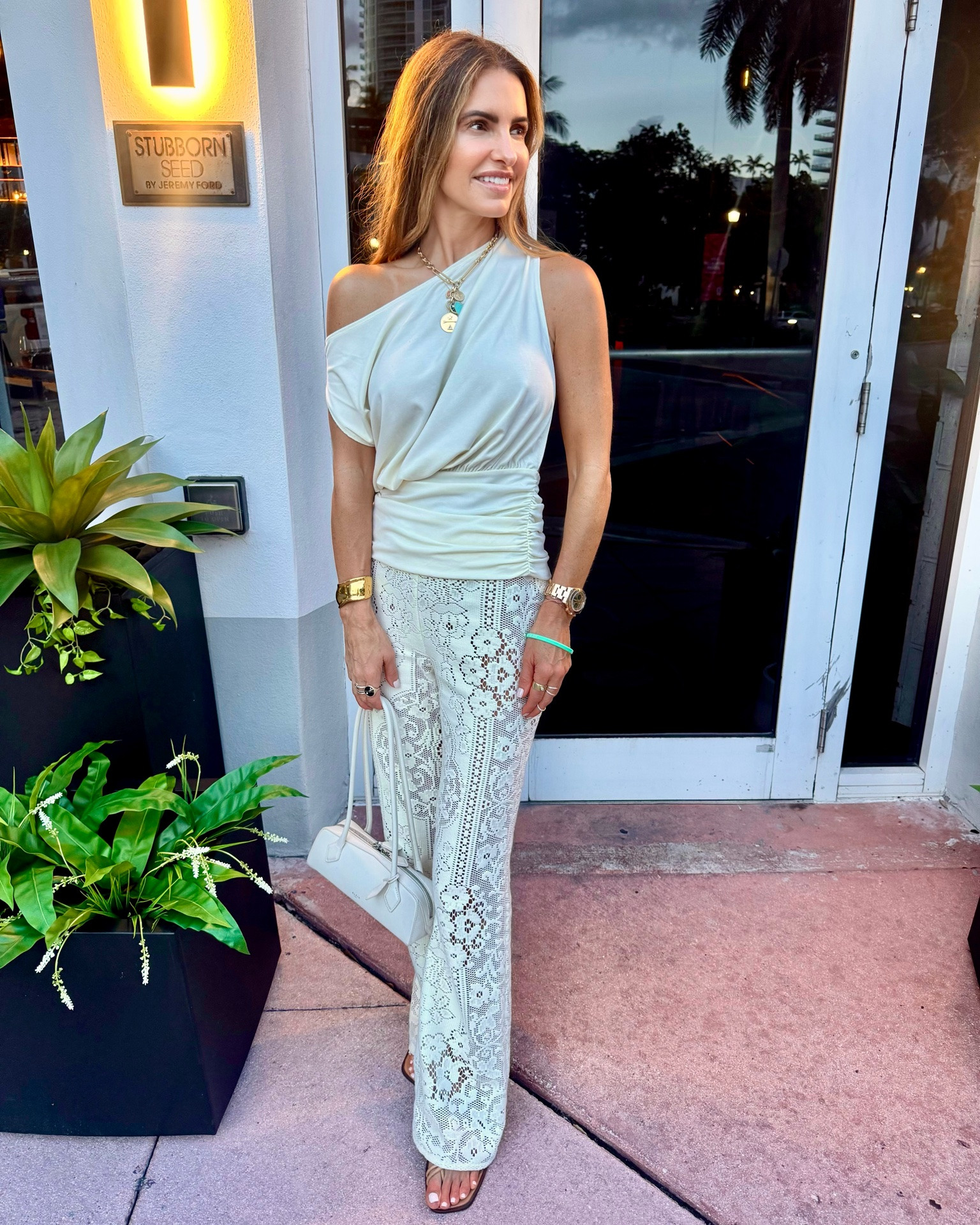 off to dinner trying new restaurant & wow just wow 10/10 best meal i’ve had in a long time @stubborn_seed (the chef won top chef w the chicken dish i have pictured) 

+ shop this blouse i have in both colors the price is insane it’s gorgeous! 

runs tts wearing small & shop the rest of my fab look: super-soft lace pants, oh so comfy wedges (for great price) & bag too!

#LTKTravel #LTKfoodie #LTKSaleAlert