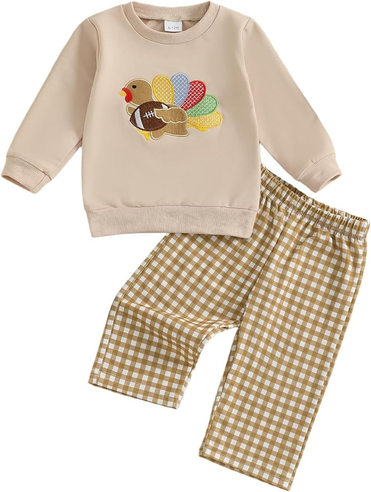 Toddler Baby Boy Football Smocked Outfit Long Sleeve Embroidery Crewneck Sweatshirt Gingham Pants... | Amazon (US)