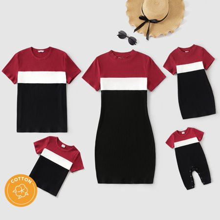 PatPat Family Matching Rib Knit Colorblock Short-sleeve Bodycon Dresses and T-shirts Sets ColorBlock Girl: 2 Years | Walmart (US)